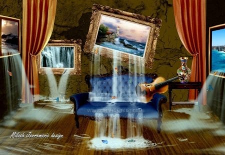 Waterfalls - violin, fantasy, waterfall, frame