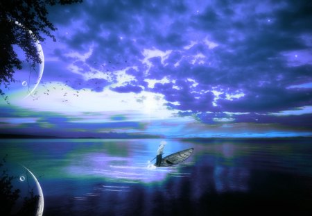 Silent Waters - fantasy, blue, cloud, lake, waters, silent