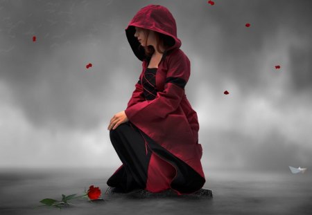 The Rose of my Love - fantasy, lady, red, rose, love, flower, petals