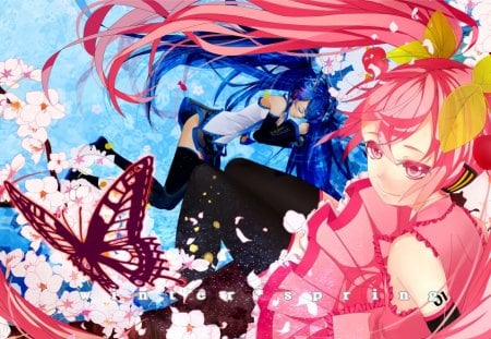 ~Winter & Spring~ - hatsune miku, long hair, water, colorful, sakura miku, ponytails, butterfly, vocaloid, fish, anime, flowers, sisters, pink eyes