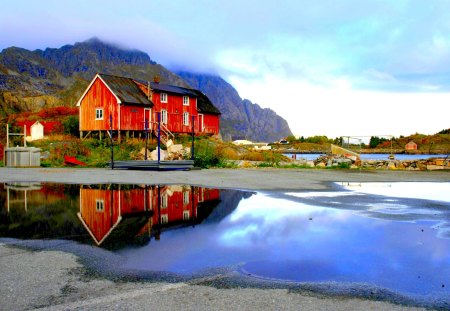 HOUSES - Lofoten, clouds, Norway, puddles, after the rain, home