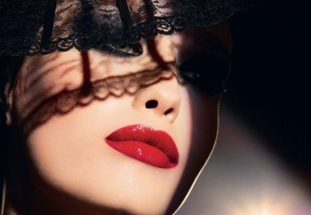 red lips - red, beauty, veil, lips, lace, fashion