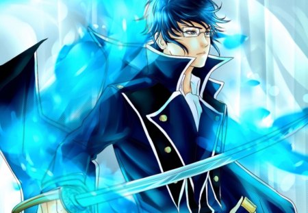 Munakata Reisi - anime, munakata, magic, blue king, blue, s, guy, light, magical, reisi, uniform, boy, male, short hair, munakata reisi, king, fire, blue flame, katana, weapon, k project, sunglasses, hot, sword, project, flame, k, blade, handsome, glasses, cute, sexy