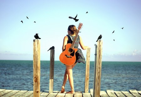 Guitar girl - girl, guitar, sea, birds