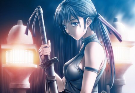 Anime Warrior - anime, female, light, long hair, katana, weapon, anime girl, realistic, hot, girl, sword, lantern, blade, cg, glow, cute, 3d, sexy