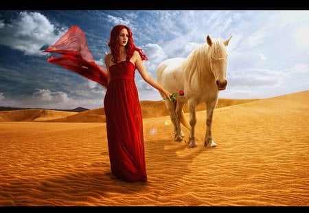 Woman and horse - woman, sky, horse, red, beautiful, desert, rose, red rose