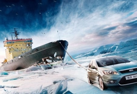 Ford Power - ice, sky, ford, cars, nature, oceans, ship, blue, snow, beautiful, clouds, birds