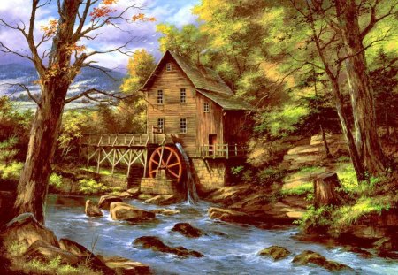 Forest mill - pretty, quiet, summer, creek, stream, forest, calmness, water mill, nice, trees, beautiful, mill, lovely, stones, river, painting, serenity