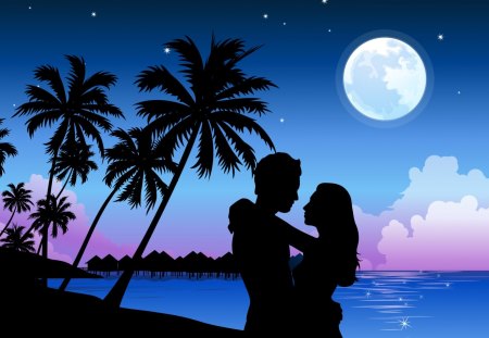 Couple - beach, vector, couple, moonlight, palm tree