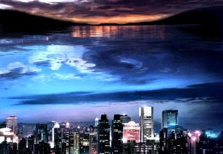 City under Scenery - pretty, anime, scenery, town, scen, night, light, reflection, view, nice, sky, house, water, beautiful, sea, city, scenic, beauty, lovely, cityscape, sweet, ocean, cloud, building