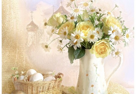 Easter - eggs, easter, flowers, nest