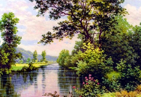 Tranquility - pretty, trees, pond, beautiful, lovely, reflection, calmness, flowers, river, nature, tranquility, riverbank, serenity, lake, nice, sky