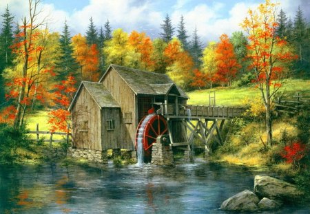 Forest mill - pretty, calm, quiet, lonely, summer, grass, forest, reflection, water mill, lake, nice, art, sky, trees, water, beautiful, mill, pond, colors, lovely, stones, colorful, river, autumn, painting, serenity