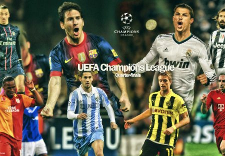 UEFA Champions League Quarter-finals 2013 - champions league, bayern munchen, borussia dortmund, fc barcelona, wallpaper, galatasaray, psg, juventus, pirlo, malaga, zlatan ibrahimovic, real madrid, lionel messi, cristiano ronalo, football, drogba