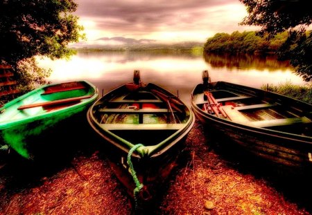 THREE BOATS - HDR, Forest, Landscape, Lake, Boat