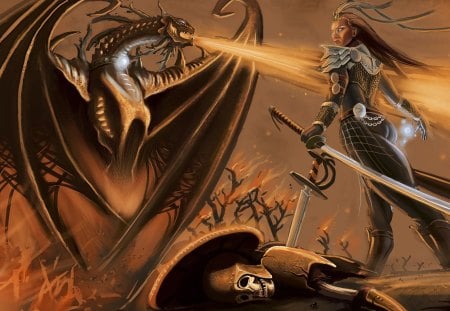 Warrior against dragon - warrior, magic, sword, armour, battle, fantasy, lady, fire, spell, skeleton, flames