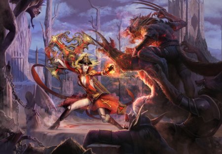 Fight - werewolf, game, forsaken world, blue, hot, girl, forest, creature, fantasy, red, woman, cloud, fight, cross, sexy, sky