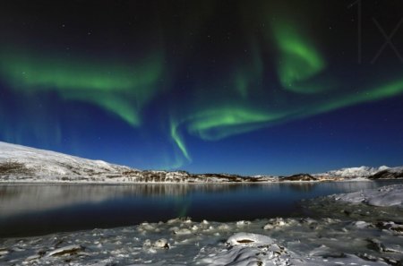 Surprise in the sky - ice, snowy, aurora borealis, landscapes, mountains, lakes