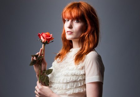 Florence Welch - dress, singer, flower, orange, music, red hair, white, woman, rose, florence welch, artist