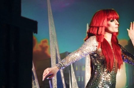 Florence Welch - the machine, blue, dress, singer, music, red hair, black, woman, glitter, florence welch, concert, artist