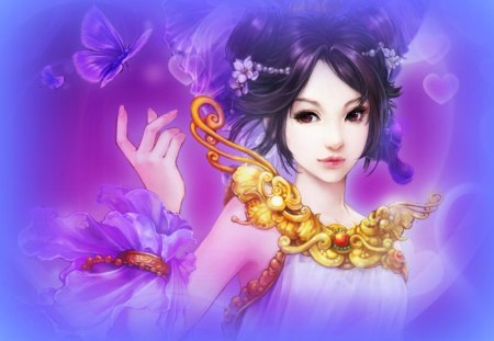 Beauty - yellow, girl, beauty, spring, flower, pink, fantasy, oriental, purple, red, butterfly, golden, brunette, asian