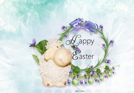 Happy Easter Lamb - blue, spring, holdiday, lamb, happy, easter, flowers, white, purple, green