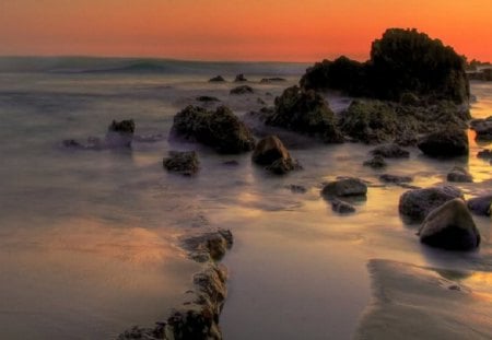 Sunset Beach - water, beach, rock, ocean, orange, tide, sand, sunset, nature, red