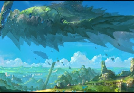 Pixiv Fantasia - big flying thing that i had no idea what it is, blue sky, pixiv fantasia, fantasy, cant think of a fourth