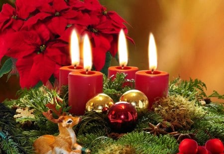 Christmas Candles - ornament, poinsettia, deer, candles