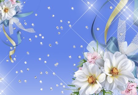 âœ°E L E G A N C Eâœ° - elegance, dazzling, gems, ribbons, colorful, bouquet, white, diamonds, shines, pretty, cool, petals, color, sparkles, cute, splendid, love, lovely, pollen, nature, bow, blue, beautiful, splendor, sweet, flowers