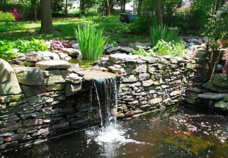 Pond - water, garden, pond, waterfall