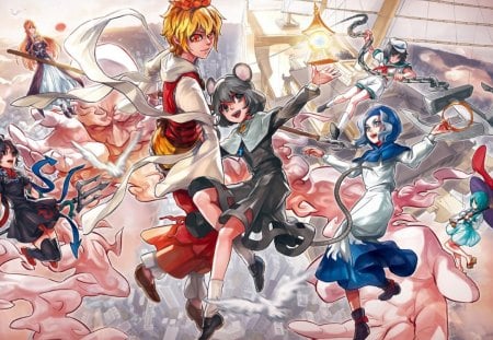 ~Touhou~ - cloud, touhou, ship, anime, weapons, fantasy, people, birds, colorful