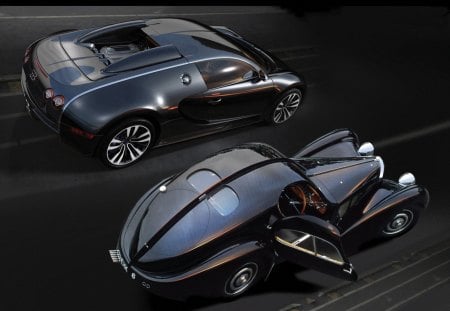 bugatti - black, road, bugatti, car