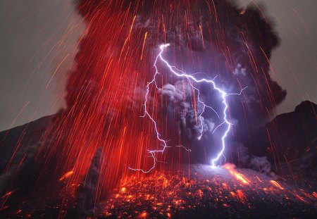 wow volcano - nature, volcano, lightning, mountain