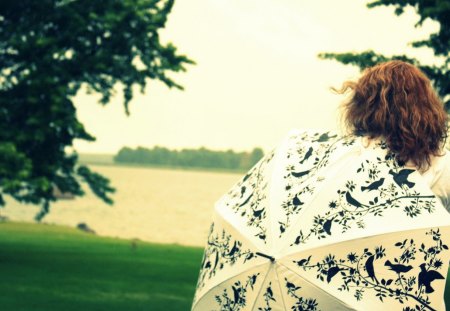 Spring Day - girl, day, lovely, spring, nature, walk, umbrella, river, happiness