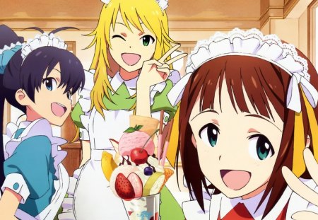 ~At Your Service~ - girls, sundae, maids, uniforms, anime, fruit, friends, waitresses, idolmaster, colorful