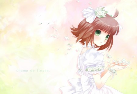 ~Champ de Fleure~ - pretty, anime, girl, green eyes, brown hair, petals, flowers, short hair, white dress