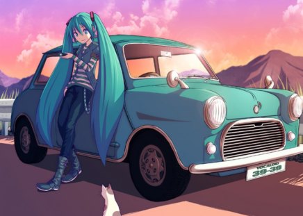 Hatsune Miku - sky, female, hot, anime girl, wheel, cloud, car, anime, miku, cute, hatsune miku, sexy, cat, kitty, twintails, long hair, motorcar, kitten, vocaloids, hatsune, vocaloid, green hair