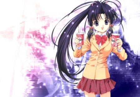 Want A Drink? - purple eyes, long hair, bow, black hair, anime, girl, drinks