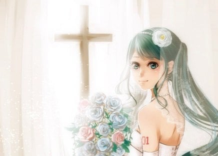 Hatsune Miku The Bride - bride, anime, vocaloid, pearls, beautiful, window, Hatsune Miku, curtains, wedding, wedding dress, bouquet, flowers