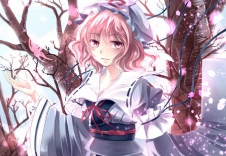 Saigyouji Yuyuko - nice, female, cap, hot, hat, anime girl, saigyouji yuyuko, touhou, sparks, pretty, petals, anime, tree, cute, short hair, branches, sexy, girl, pink hair, lovely, sweet, dress