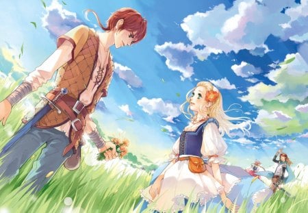 â™¡ Love â™¡ - lover, anime girl, field, blond hair, blonde hair, petals, romance, grass, long hair, floral, beautiful, sweet, dress, guy, nice, beauty, sky, female, blond, pretty, cloud, anime, short hair, handsome, love, male, couple, girl, gown, lovely, boy, romanctic, blossom, blonde, flower