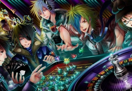 Roulette Boys - anime, guy, happy, boy, male, short hair, group, headphones, roulette, sunglasses, eyepatch, money, game, hot, chips, cards, casino, smile, handsome, glasses, cute, games, sexy