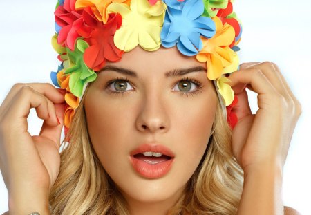 colorful cap - beauty, female, model, face, closeup, pretty, yellow, red, blue, beautiful, green, flowers, cute, blonde