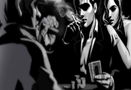 The Gambler - woman, black n white, chips, men, smoke, cards