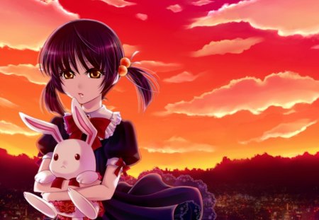 Red Sky - sky, hot, female, toy, sunset, anime girl, bunny, stuff animal, cloud, anime, cute, sexy, girl, twintails, long hair, red, sunrise