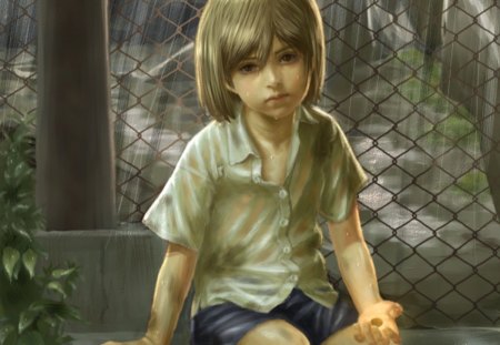 Rain over Me - anime, kawaii, blonde, guy, children, blond hair, child, boy, male, short hair, rainning, rain, blond, nice, kid, water, blonde hair, wet, lovely, brown hair, cool, sweet, fence, cute