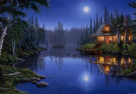 Moonlight Reflections - house, pretty, moon, beautiful, painting, refelctions, night, cottage