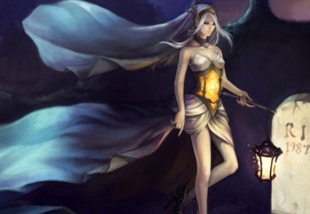 Grave Keeper - female, hot, anime girl, fantasy, armor, black, lantern, dark, anime, lamp, silver hair, cute, mantle, sexy, veil, girl, light, night, long hair, cape, grave, white hair