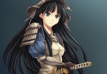 Lady Samurai - female, hot, anime girl, simple, blade, black hair, armor, katana, anime, sword, cute, sexy, girl, warrior, long hair, samurai, plain, weapon